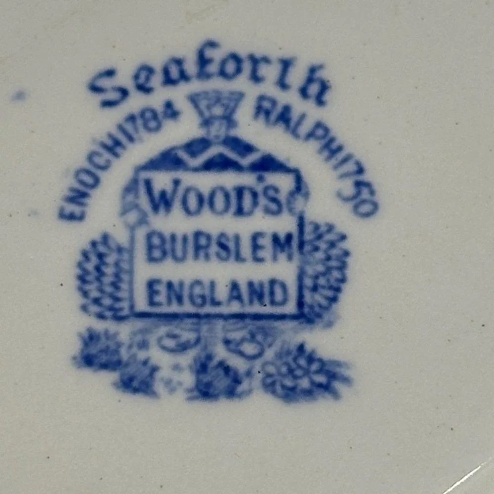 Woods Burslem Seaforth Blue White Transferware Bowl Scalloped England Vintage